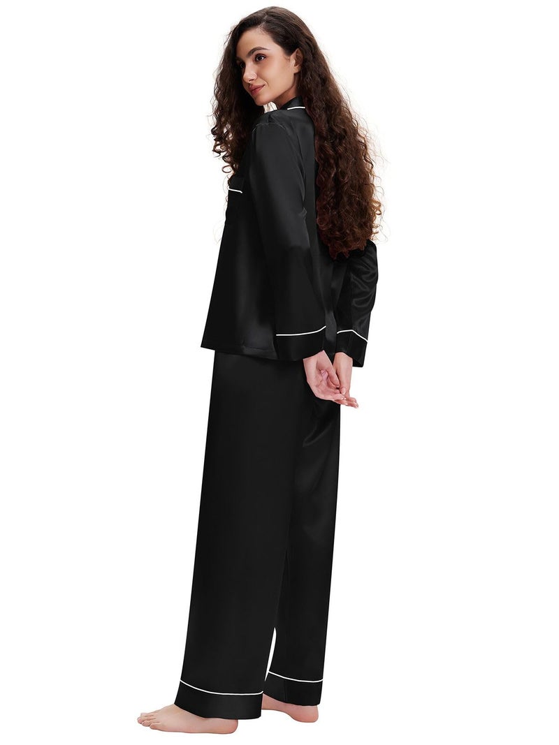 Lonxu Womens Silk Satin Pajamas Set Sleepwear Loungewear Black M - Image 3